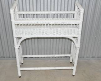 Vintage White Wicker Plant Stand, 28”w X 34.5”h x 12”d, $85