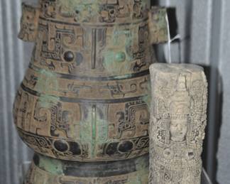 This Image Features a Chinese Bronze Ritual Vessel Reproduction 4" (150) Beside a Meso American Mayan Carved 8" Totem. ($48)