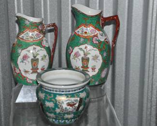 A Hand Painted Gold Imari Planter ($26) Is Shown In Front Of A Delicate Pair of Vintage Ceramic Glazed Pitchers with Intricate Design and Angular Handles 7" & 8" ($38, $48)
