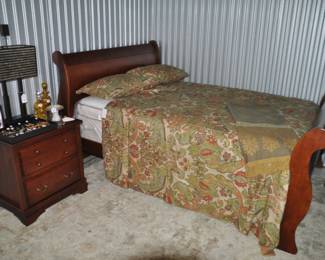 Bedroom Showroom Includes an Elegant Full Sized Solid Full Size Cherry Sleigh Bed With Head Board and Low Foot Board ($595) Shown with Morigeau-Lepine 2- Drawer Cherry Nightstand, Made in Canada. W24.5xH24.5xD19" ($395).