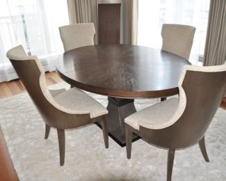 Beautiful Dining Table on Pedestal Base Shown Closed 65"W x 48"D and Includes an Additional 18” Table Leaf and 4 of the 6 Dining Chairs Included in the Set! ($1495)