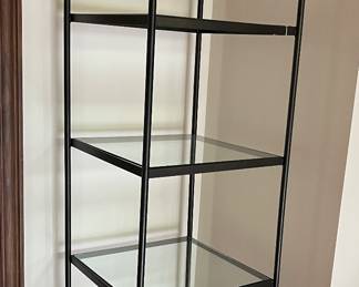 Perfect Piece to Display your Favorite Treasures is this Black/Bronze Wrought Iron and Glass Display Etagere with Scroll Top Detail, 74"H x 25" Square ($250)