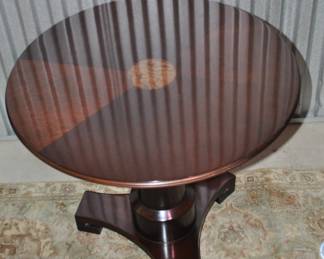 Fabulous Vintage Baker Mahogany Empire Style Round Side Table (21.5" H) With Stunning Inlay Center Which Sits Atop a Timeless Pedestal Base. 24" D x 21.5" H, ($425).