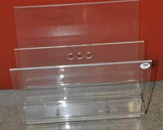 Mid-Century Clear Acrylic Divided 2-Section Magazine Holder, W 14” x H14” x D10” ($95)