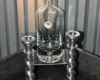 Sleek, Heavy Glass 12” Decanter ($95) Shown with a Pair of Pewter Twist 8.5” Candlesticks ($24)