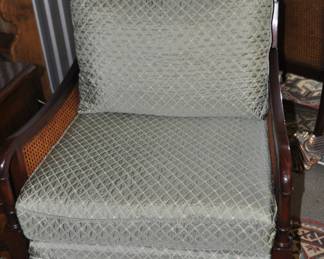 Baker "Milling Road" Arm Chair with Cane Accents & Sage Colored Cushions, 29.5"W x 32"H x 27" D. Two Baker Chairs Available, Each Priced at ($895).