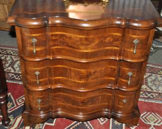 This Piece is Stunning! Farnese Chest With Wallpapered Drawers, Antique Beveled Walnut Embellishments and Bronze Hardware. (Missing one Drawer Pull). 23.5" W x 25" H x 14"D, ($175).