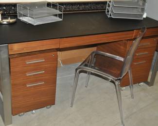 BDI Corridor Executive Desk, 6521, Black Glass Top and Walnut Wood Facade with a Satin Nickel Steel Frame. Desk Include 2 Side and 1 Center Drawers, 67.75"w x 29.75"h x 32.25"d, $795. Desk is Shown with 2 BDI Matching Sequel Low Mobile File Cabinets each with 2 Storage and 2 File Drawers, 15.25"w x 24"h x 20.75"d, $295 Each