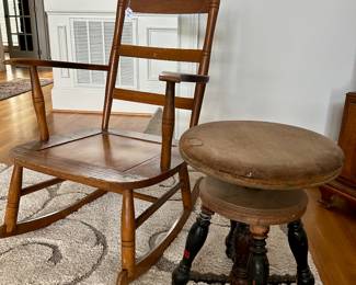 oak rocker & antique piano stool