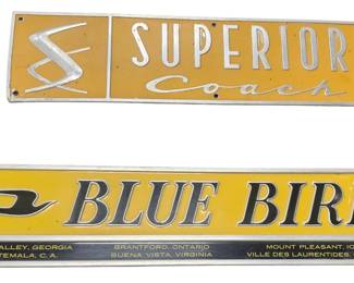 Blue Bird and Superior Coach metal bus signs