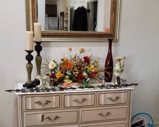 French Provincial white dresser, large metallic finish mirror