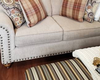 Beige love seat, upholstered bench with storage