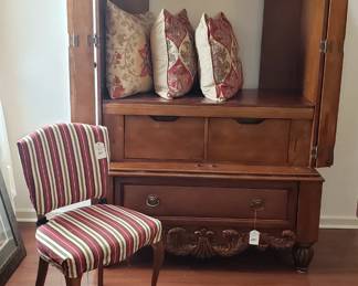 Striped upholstered chair, Entertainment Center