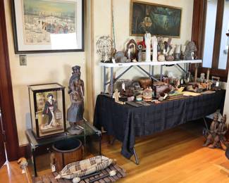 Framed art, non-Western antique and vintage decor, sculpture, folk art, Victorian andirons