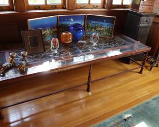 Antique wrought iron glass topped table, vintage studio glass, decor