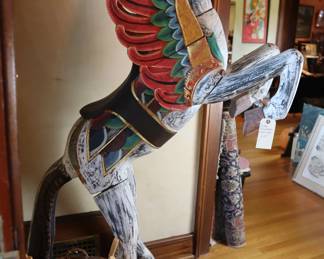 Vintage wooden Pegasus, framed art, rugs