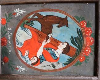 Framed reverse painted glass