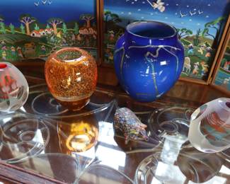 Antique wrought iron glass topped table, vintage studio glass, decor, art, millefiore pig