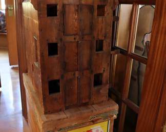 Antique homemade doll house, vintage Japanese crate