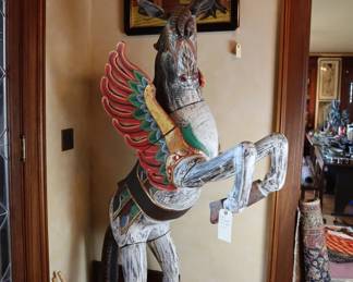 Vintage wooden Pegasus, framed art, rugs