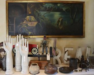 Folk art, pottery, framed art, WWI photo