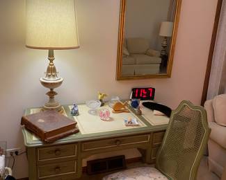 Vintage French Provincial Sligh Green/White Painted Desk with Caned Back Chair 