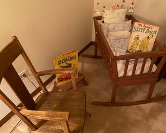 Antique Oak Child Rocking Chair, Antique Oak Cradle