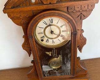 Antique Wm Gilbert Clock Co, Mahogany Carved Case, Painted Glass, "Stork"
