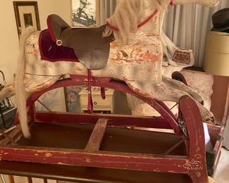 Antique., Whitney Reed Glide Rocking Horse, Original Stencil Paint, Leather Saddle!