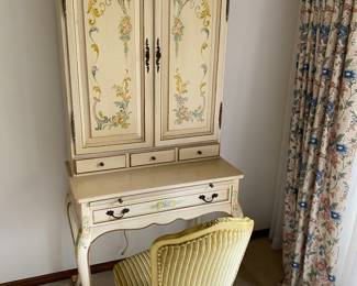 Vintage Hand Painted French Provincial Ladies Writing Desk/Book Case, Slide Out Tablet 