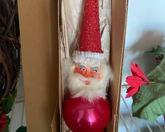 Vintage 1950's Hand Painted Santa Face,  Mercury Glass, Glittery Hat, Original Box, Christmas Tree Topper
