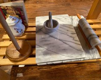 Vintage Marble Pastry Cutting Board, Vintage Marble Pestel and Mortar, Vintage Marble Rolling Pin on Stand