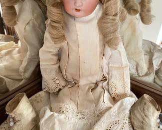 Antique Bisque Doll Head, Glass Eyes, Cloth/ Leather Body