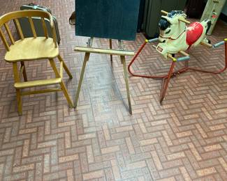 Vintage Child Chair, Slate Chalkboard, Hi Prancer Bouncy Horse