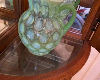 Antique Fenton Glass Green Coin Dot Pitcher