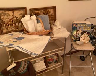 Vintage Baby Changing Table, Antique Baby Quilt,