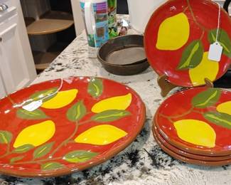 Tag Sonoma Large Serving Summer Platter 13 1/2" Bright Red with Lemons with serving plates