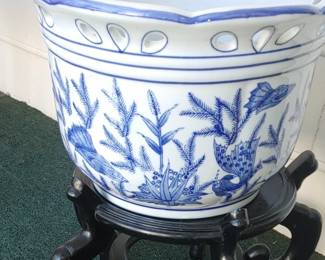 Blue and white Oriental planter with stand