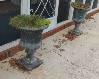 Antique Pair of Large Fluted Concrete Stone Garden Urns