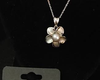 Stunning Hawaiian Genuine Gray Pearl Plumeria Necklace, Pearl Pendant in 14kt white gold -matching earrings & ring Size 6 . All pcs are Hallmarked 14kt