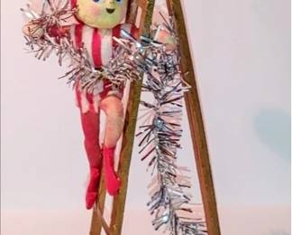 Vintage 1960s Pixie on a Ladder Christmas Ornament