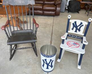 Wooden Rocking chair; Yankees child rocking chair and trash can 