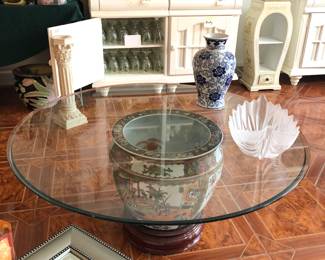 Chinese cache pot/glass top coffee table