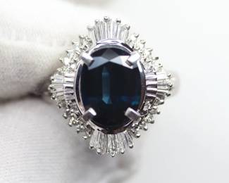 NATURAL SAPPHIRE RING SET IN SOLID PT900 PLATINUM WITH DIAMOND HALO 3.50CTW, 8.76 GRAMS, SIZE 6
