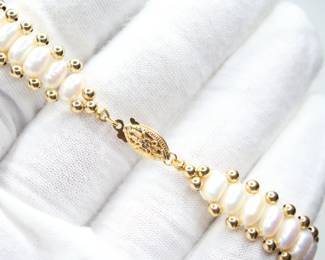 14K SOLID YELLOW GOLD PEARL BRACELET 8.1 GRAMS, SIZE 7.5 GEMSTONE FINE JEWELRY
