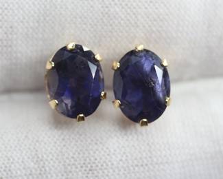 NATURAL AMETHYST STUD EARRINGS 14K SOLID YELLOW GOLD (MISSING BACKS) 1.04 GRAMS GEMSTONE FINE JEWELRY
