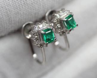 EMERALD AND DIAMOND EARRINGS SET IN PT900 SOLID PLATINUM .52CTW NATURAL 2.91 GRAMS SCREWBACK STUDS
