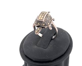 STERLING SILVER 925 MARCASITE TURTLE BOBBLE HEAD RING
