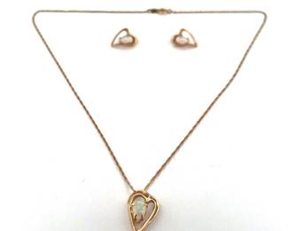 14k SOLID YELLOW GOLD OPAL EARRINGS AND NECKLACE PENDANT SET 5.3 GRAMS FINE JEWELRY

