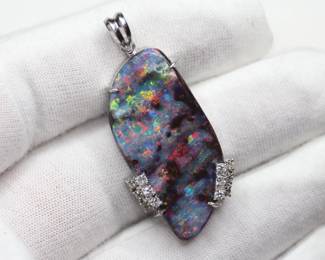 Natural Australian Boulder Opal Pendant In Platinum With .27ctw Diamond Accents 12.1 Grams
